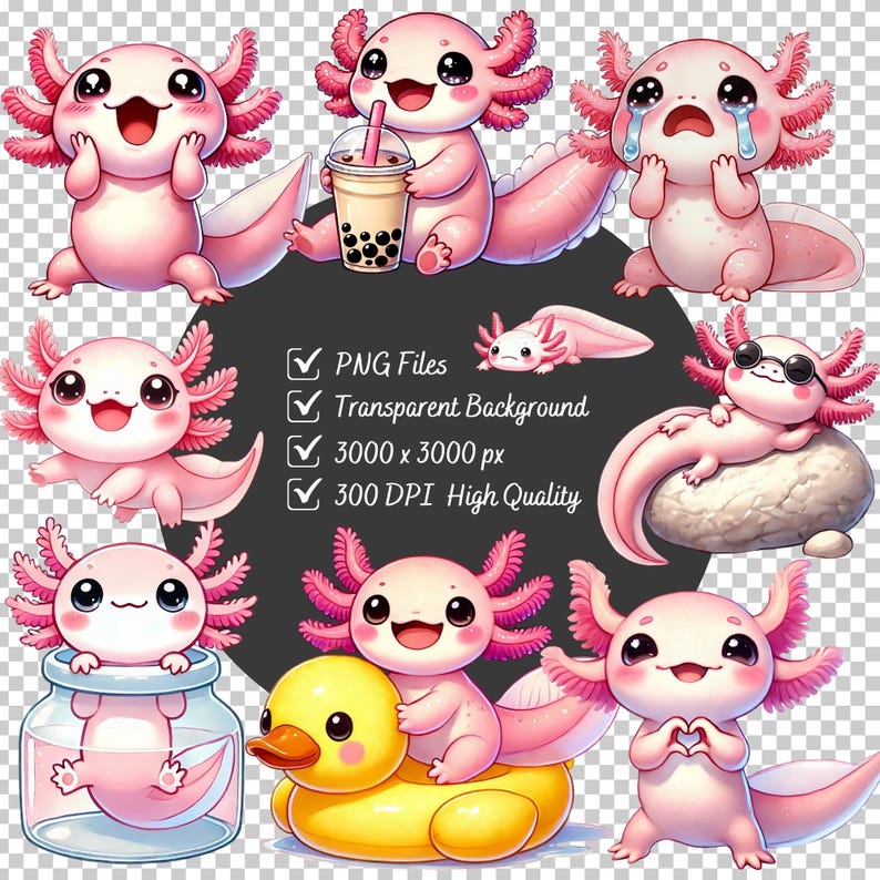 May include: A collection of pink axolotl illustrations in various poses. One axolotl is holding a drink, another is crying, and one is wearing sunglasses. The image includes text indicating PNG files, a transparent background, 3000 x 3000 px, and 300 DPI.