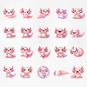 May include: A collection of pink axolotl illustrations in various poses. The axolotls have detailed features, including feathery gills and smiling faces. Some axolotls are holding flowers, and one is inside a bubble. The illustrations are on a white background.