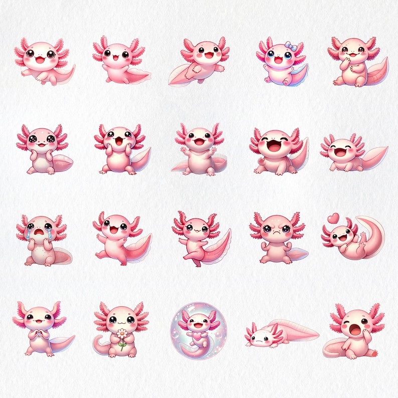 May include: A collection of pink axolotl illustrations in various poses. The axolotls have detailed features, including feathery gills and smiling faces. Some axolotls are holding flowers, and one is inside a bubble. The illustrations are on a white background.