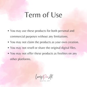 Puede incluir: Texto sobre un fondo rosa con el encabezado "T&eacute;rminos de uso" y una lista de cuatro vi&ntilde;etas que describen los t&eacute;rminos de uso para productos digitales. El texto en la parte inferior de la imagen dice "Lovely Pix Art DIGITAL ART".