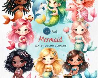 Könnte beinhalten: Ein Set mit 33 Aquarell-Clipart-Bildern von Meerjungfrauen mit verschiedenen Haarfarben, Hauttönen und Schwanzdesigns. Die Meerjungfrauen sind in verschiedenen Posen dargestellt, darunter Schwimmen, Sitzen und Halten von Gegenständen. Die Bilder sind perfekt für die Erstellung digitaler oder gedruckter Projekte wie Grußkarten, Einladungen und Scrapbooking.