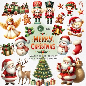 Natal Clipart PNG, Arte em aquarela, Papai Noel fofo, Árvore de Natal, Boneco de neve, Quebra-nozes, Pão de gengibre, Clipart de feriados, Enfeites de Natal