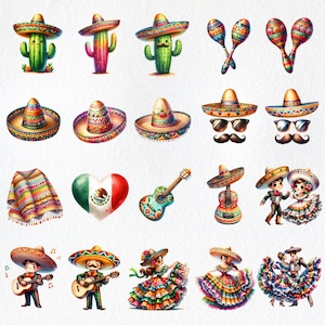 Peut inclure: Une collection d'illustrations color&eacute;es sur le th&egrave;me de la f&ecirc;te mexicaine. Les illustrations comprennent des cactus, des sombreros, des maracas, des guitares et des personnes en costumes traditionnels.
