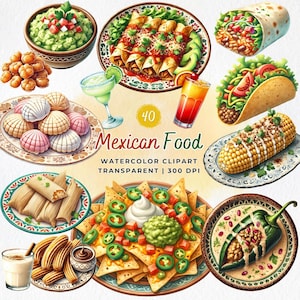 メキシコ料理 PNG、メキシコ料理の水彩画クリップアート、タコス、ブリトー、ナチョス、ワカモレ、シンコ・デ・マヨ、食べ物のイラスト、ビバ・メキシコ