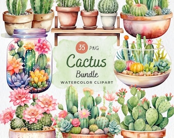 Watercolor Cactus Clipart Bundle: Cacti PNG Images (Commercial Use)