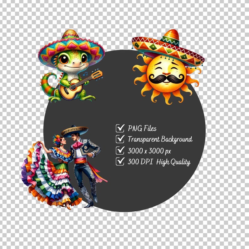 Puede incluir: Una ilustraci&oacute;n digital de una colorida escena de fiesta mexicana. Un lagarto verde con sombrero toca la guitarra, un sol sonriente con bigote tambi&eacute;n lleva sombrero, y una pareja baila con ropa tradicional mexicana.