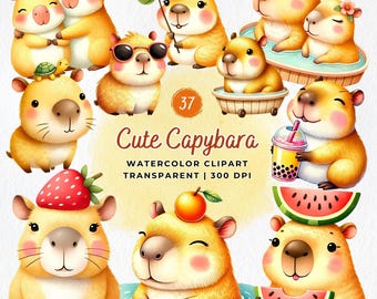 Cute Capybara Watercolor Clipart Bundle, Nursery Art (Digital Files)