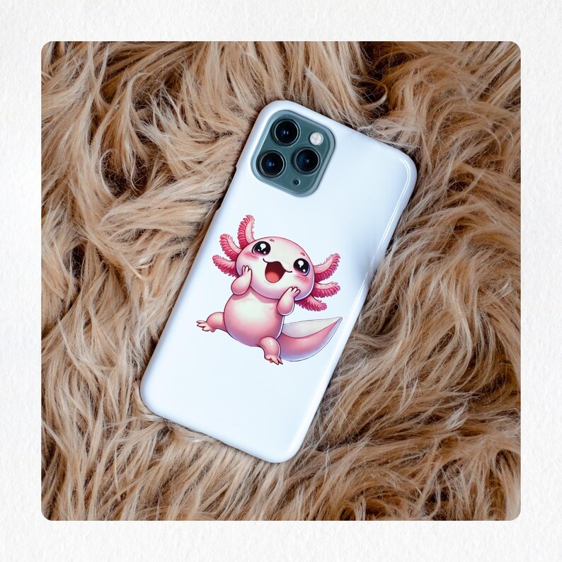 May include: White phone case featuring a cartoon axolotl illustration. The axolotl is pink with large, feathery gills and a happy expression. The case has a glossy finish and is designed for a smartphone.