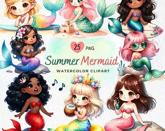 May include: A set of 25 digital watercolor clipart images featuring summer mermaids with different hairstyles, accessories, and poses. The mermaids are wearing colorful outfits and are surrounded by beach-themed elements like seashells, sandcastles, and surfboards. The text "25 PNG Summer Mermaid Watercolor Clipart" is included in the image.