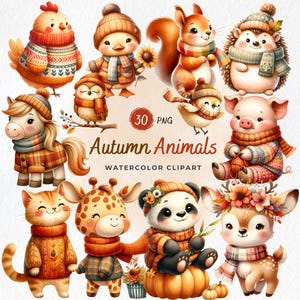 Animais de Outono, Clipart de Animais de Outono em Aquarela, PNG de Outono, Animais Fofos da Floresta, Outono Aconchegante, Camisa de Outono, Decoração de Outono, Sublimação