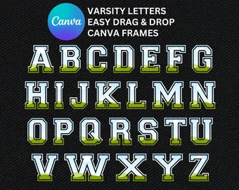 Molduras editáveis para letras universitárias do Canva: modelo de alfabeto com arrastar e soltar (download digital)