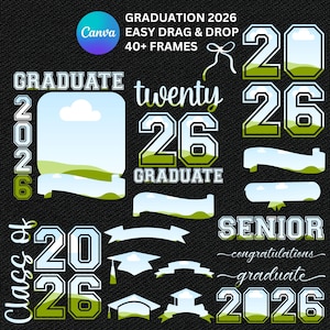 May include: A collection of graduation-themed graphics with the text "GRADUATION 2026". Includes elements like the numbers "2026", banners, graduation caps, and the words "GRADUATE" and "SENIOR". The design is in white and green.
