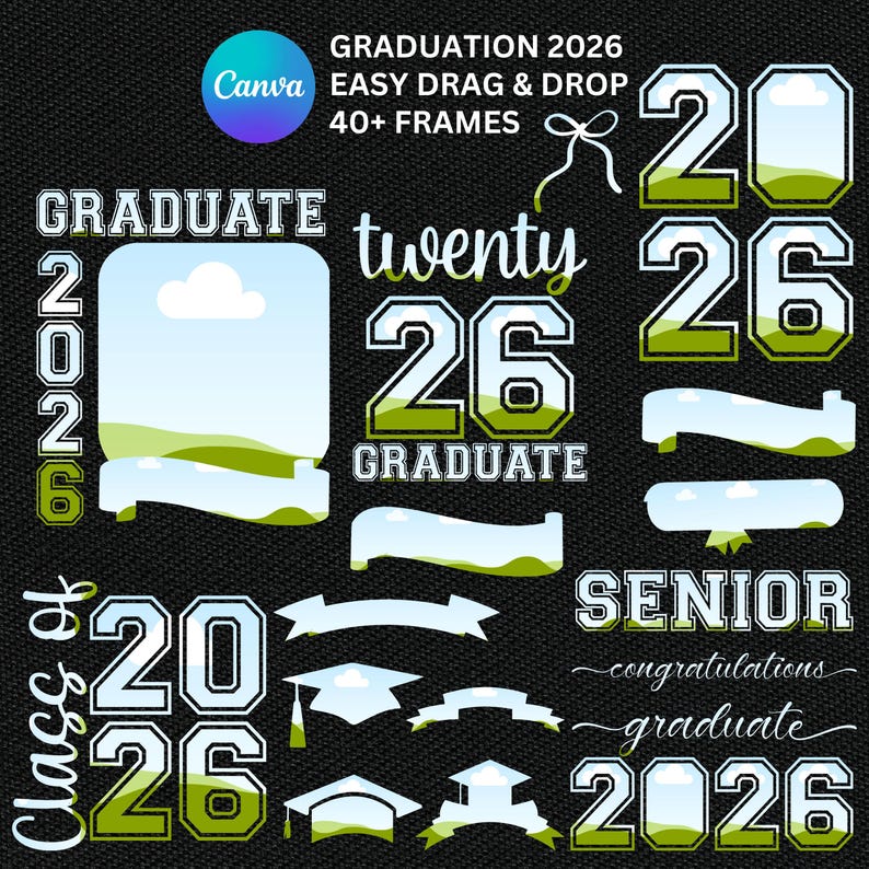 以下が含まれることがあります： 「GRADUATION 2026」の文字が入った卒業をテーマにしたグラフィックのコレクションです。「2026」の数字、バナー、卒業帽子、「GRADUATE」と「SENIOR」の文字などの要素が含まれています。デザインは白と緑です。