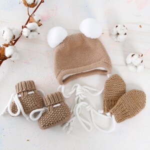 Baby wool set, knit double layered hat, booties, thumbless mittens, pompom helmet, newborn girl boy, baby winter clothes, baby shower gift