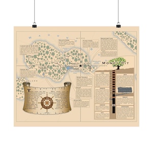 May include: A detailed map of Oak Island, featuring the Money Pit and surrounding areas. The map includes historical information, diagrams, and text, with a scroll-like design at the bottom. The color palette is primarily beige, brown, and green.