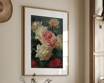 Impresión de rosas vintage: bodegón floral romántico (descarga digital)