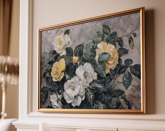 White and Yellow Rose Print: Vintage Floral Still Life Wall Art (Digital Download)