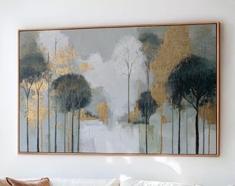 Abstrakte Waldlandschaft: Gemälde mit goldenem Akzentbaum, druckbares Wandbild (digitaler Download)