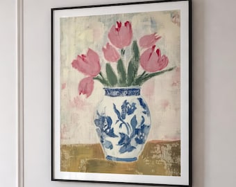 Rosa Tulpenmuster: Blauer Chinoiserie-Vasenstrauß (Digitaler Download)