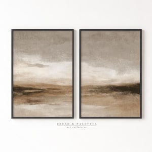 ニュートラル ホライゾン ディプティク：ベージュの抽象的な風景画、ウォールアート 2 点セット（デジタルダウンロード）
