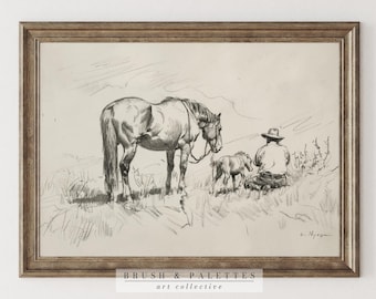 Western Cowboy Sketch Print: Horse and Dog Pencil Drawing (Digital Download)