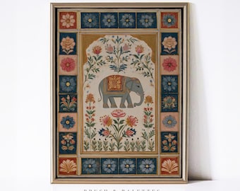 Bloemenprint met Indiase olifant: Vintage Mughal botanische kunst (digitale download)