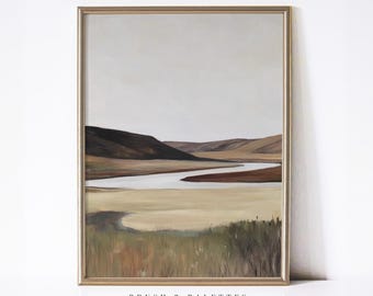 Minimalistiskt landskapstryck: Fridfull floddalsscen (digital nedladdning)