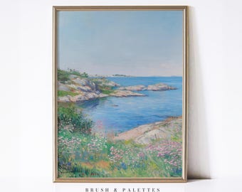 Stampa di fiori selvatici costieri: paesaggio di scogliere sul mare blu (download digitale)