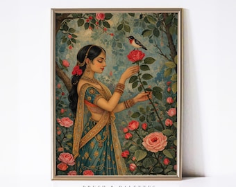 May include: A framed art print featuring a person in a teal and gold traditional garment standing among pink roses and green foliage. A small bird rests on a rose stem near the person. The text BRUSH & PALETTES art collective appears below.