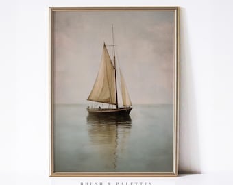 Sailboat Print: Neutral Coastal Seascape (Digital Download)
