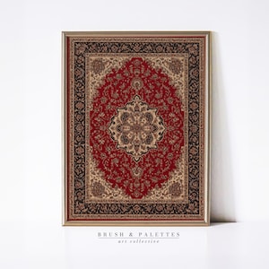 May include: Framed print of a Persian rug design. The rug features a central medallion in beige and brown, surrounded by a red field with intricate floral patterns. The border is black with beige accents. The frame is gold. Text at the bottom reads "BRUSH & PALETTES art collective".