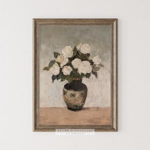Vintage White Roses Painting | PRINTABLE Floral Still Life Art | Classic Oil Painting of Flowers in Vase | DIGITAL Romantic Wall Decor