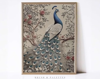 Mughal Peacock Art Print: Indian Floral Wall Decor (Digital Download)
