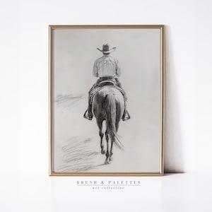 Cowboy on Horseback Sketch Print | PRINTABLE Western Pencil Drawing Wall Decor | Rustic Cowboy Digital Art for Lodge or Western Homes