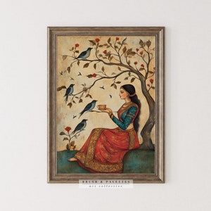 Elegant Indian Woman with Birds Print | PRINTABLE Ethnic Wall Art | Serene Folk-Inspired Digital Painting for Bohemian or Cultural Homes