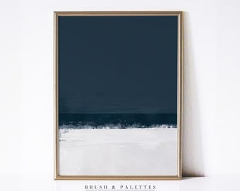 Abstract Minimalist Art: Modern Navy Blue White Horizon Painting Print (Digital Download)