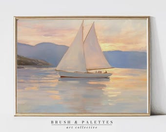 Impressão de paisagem marítima com veleiro: Pintura de pôr do sol suave na costa (Download digital)