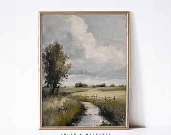 Rustic Countryside Landscape Painting | PRINTABLE Farm Field Meadow Wall Art | Country & Farmhouse Decor for Cozy, Cottage or Lodge Homes