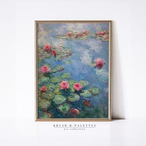 Pintura de estanque de nenúfares / Arte mural floral imprimible inspirado en Monet / Decoración botánica impresionista para amantes de la jardinería, la naturaleza y el arte