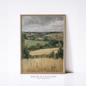 Impresión de paisaje rural ondulado: Escena de campos rústicos neutros (descarga digital)