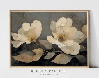 Cuadro floral de magnolia blanca: Impresión artística moderna con textura botánica para pared (Descarga digital)