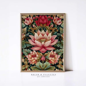 Vintage indische Lotus Blumenwand Kunst Druck | Rosa und grüne Blumenmalerei für Zuhause Indianer Pichwai Lotus Poster | Druckbar