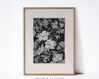 アールヌーボーの花柄プリント：白黒の花のイラスト - Etsy 日本