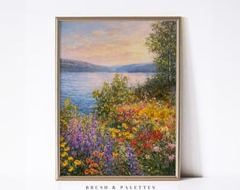 Wildflower Lake Print: Colorful Sunset Meadow Landscape (Digital Download)