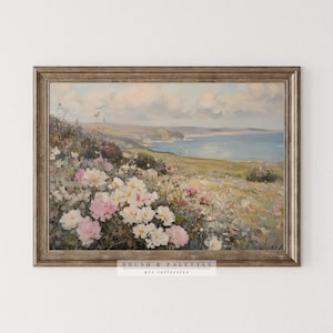 English Coast with Wildflowers Print | PRINTABLE Floral Landscape Wall Decor | Romantic Seaside Digital Art for Coastal or Cottagecore Homes