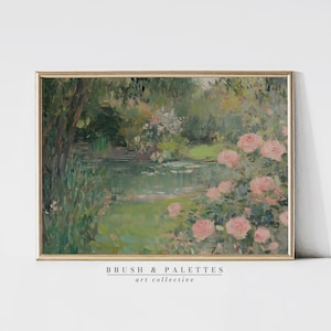 Rose Garden by the Pond Print | PRINTABLE Impressionist Floral Landscape Wall Decor | Romantic Nature Art for Country or Cottage Homes