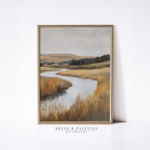 Rustic River Landscape Print | PRINTABLE Serene Nature Art | Country Stream and Rolling Hills Painting for Farmhouse & Lodge Wall Decor