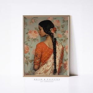 Indian Woman in Saree Print | PRINTABLE Floral Portrait Wall Art | Traditional Cultural Digital Painting for Ethnic or Bohemian Homes