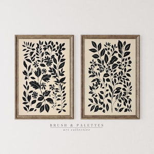 Schwarz botanische Silhouette Set Druck | DRUCKBARE Blumen Volkskunst Wanddekor | Vintage minimalistische Natur digitale Kunst für rustikale Häuser