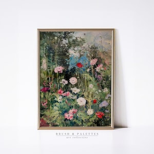 Impression colorée de fleur de jardin | Peinture de paysage impressionniste à imprimer | Art mural floral pour décoration champêtre, botanique et maison de campagne